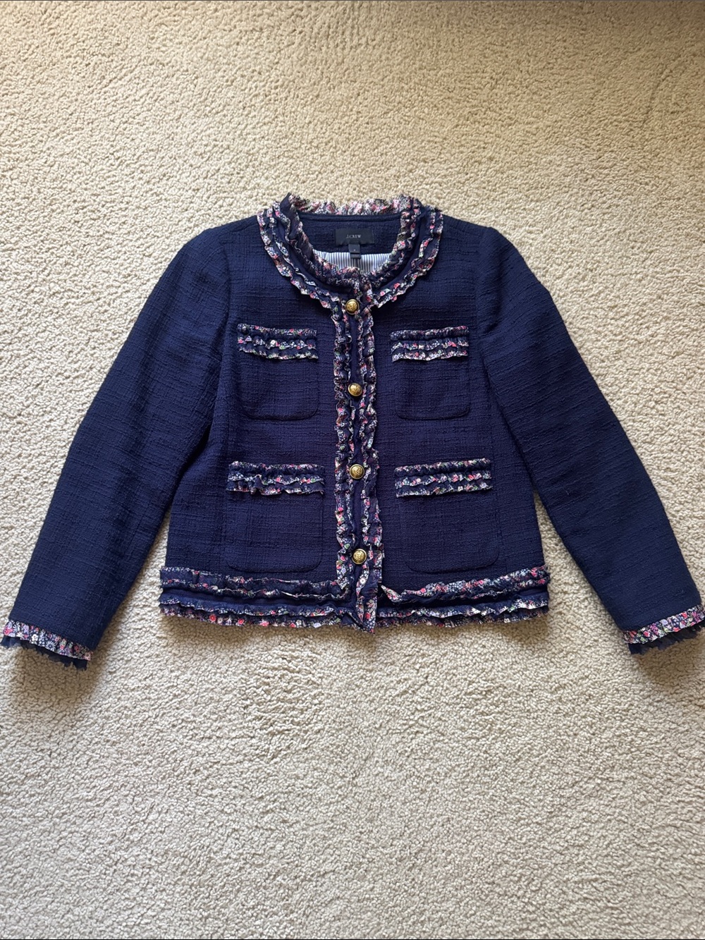J Crew Navy Tweed Jacket with Floral Trim - Picture 4 of 12